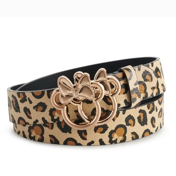 New! Disney Minnie Mouse Leopard Cheetah Gold Buckle Belt - Picture 1 of 8